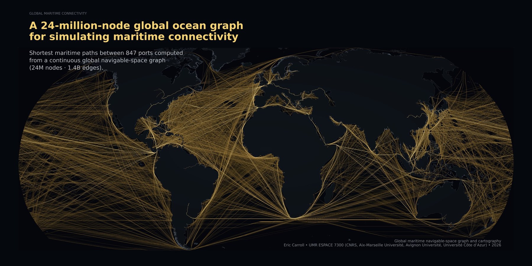 Carte mondiale de trajectoires maritimes calculées entre ports à partir d’un graphe de l’espace navigable