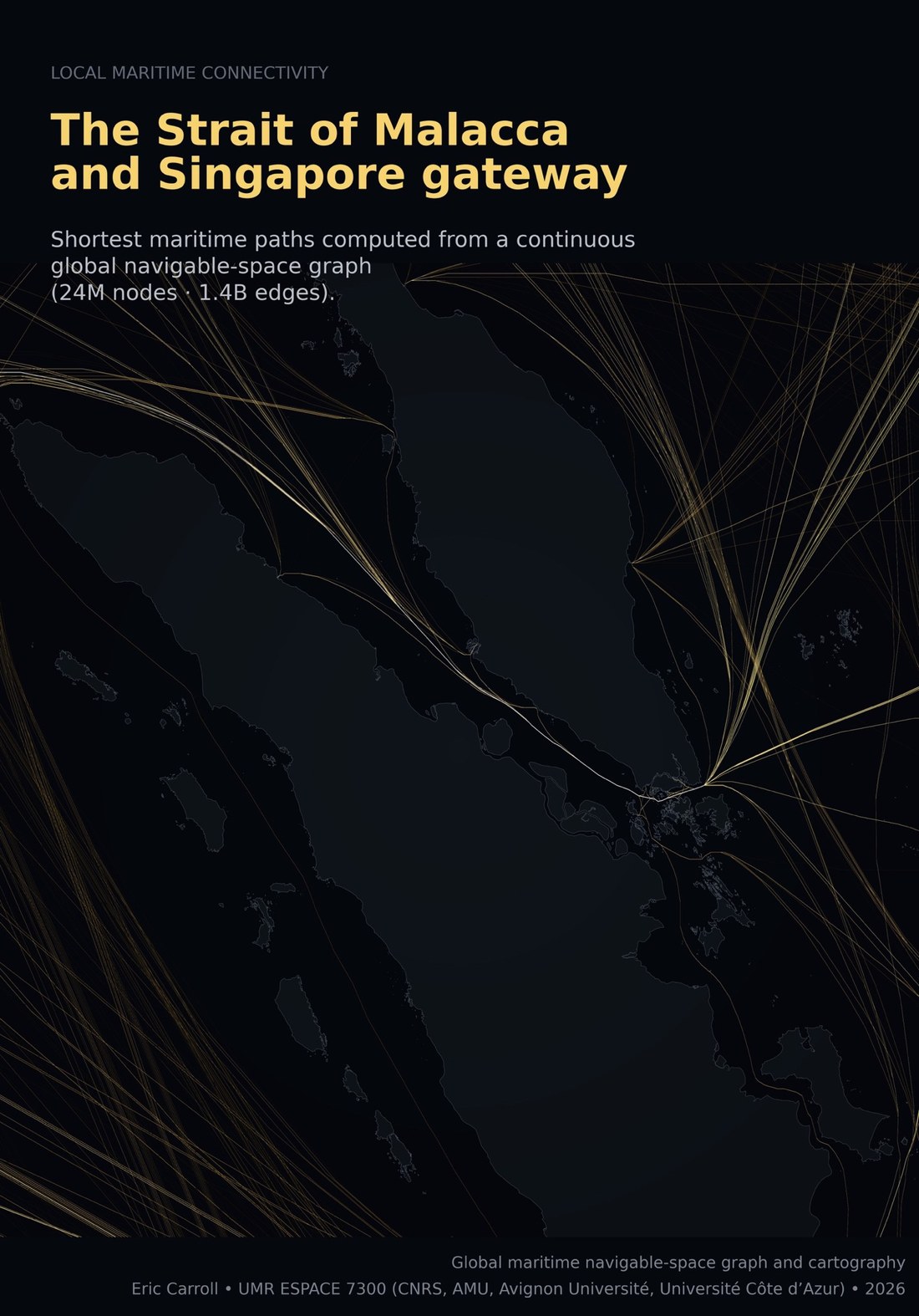 Trajectoires maritimes calculées autour du détroit de Malacca et de Singapour