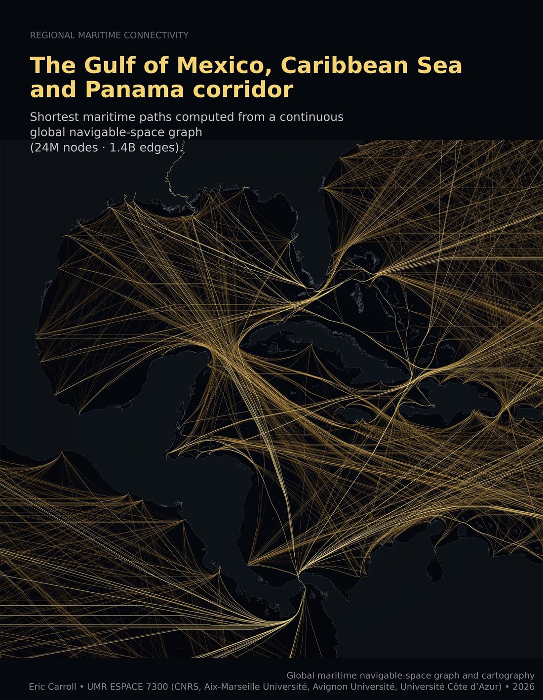 Trajectoires maritimes calculées autour du golfe du Mexique, de la mer des Caraïbes et du corridor de Panama
