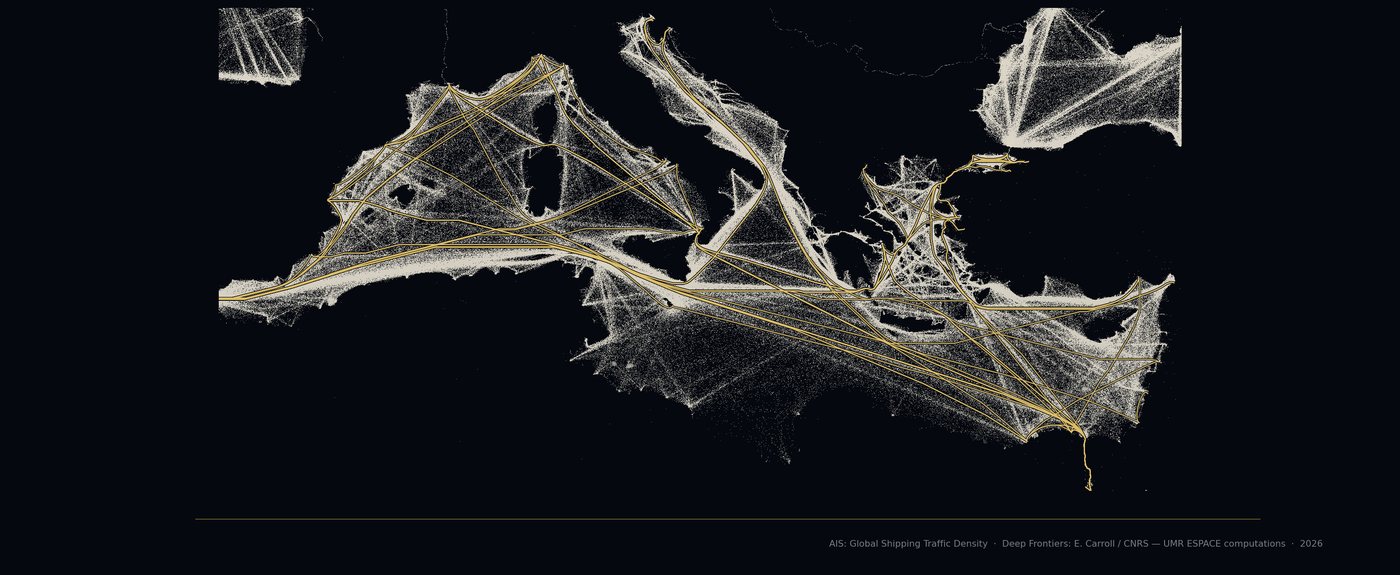 Carte du bassin méditerranéen superposant les densités de navigation AIS et des routes calculées Deep Frontiers.