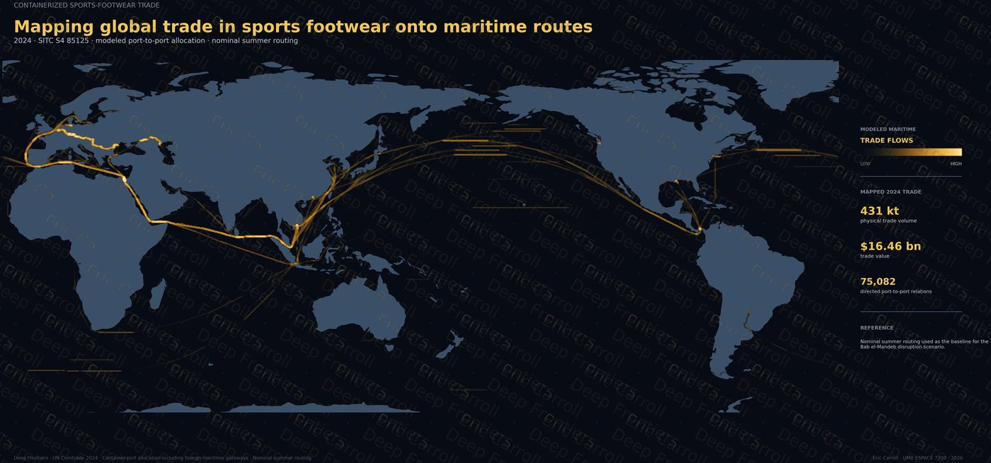 Routes maritimes mondiales modélisées associées au commerce conteneurisé de la chaussure de sport en 2024, montrant l’intensité des flux commerciaux cartographiés entre gateways portuaires.